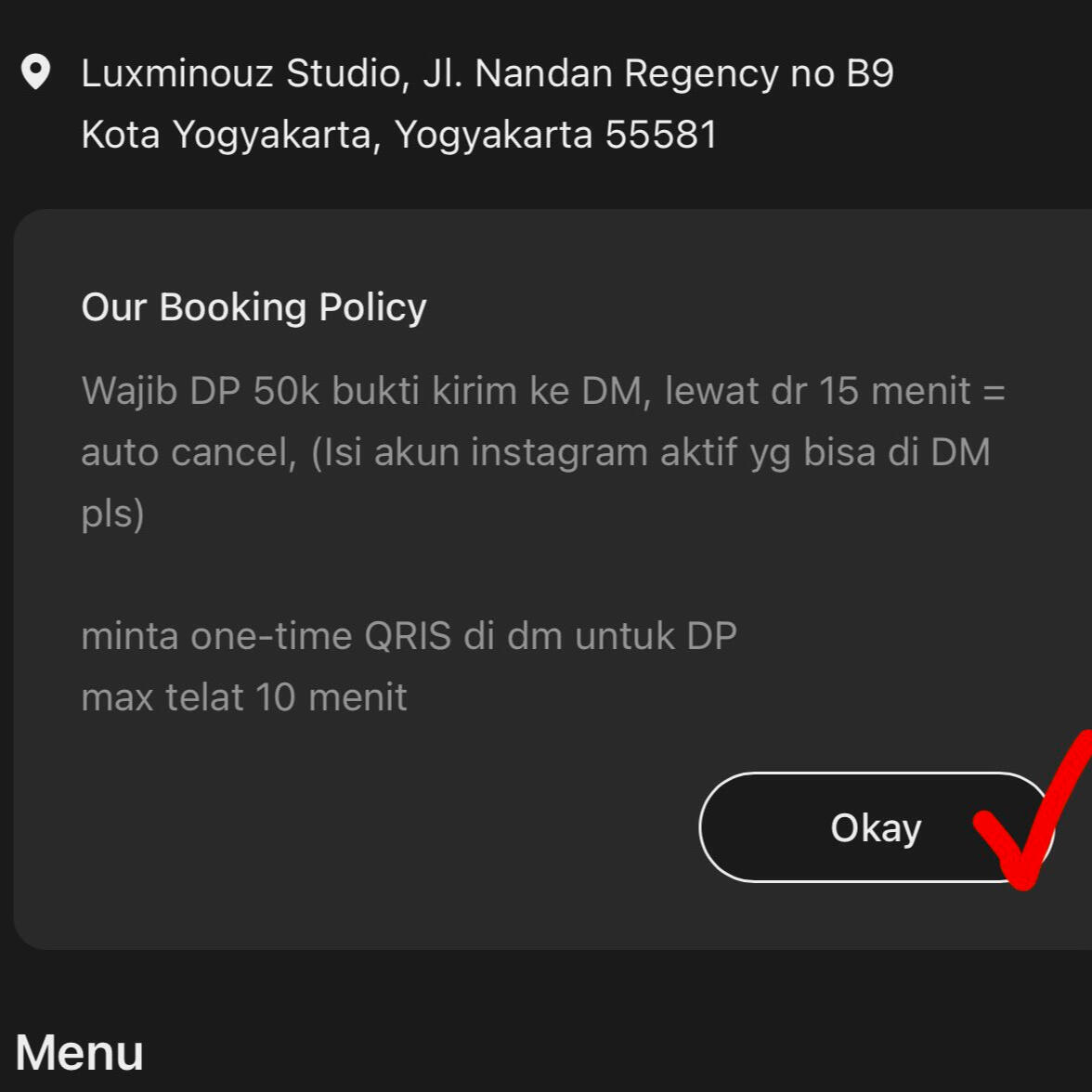 Bisa langsung melakukan deposit melalui DM instagram dalam 15 menit setelah booking di website